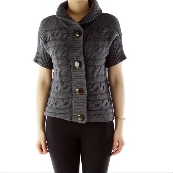 Talbots Petite Medium Gray Cable Knit Chunky Cardigan Sweater Short Sleeve Shawl - Picture 1 of 8